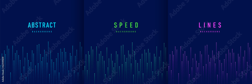 Wall mural Set of abstract technology vertical speed dots lighting green, blue and pink on dark blue background. Futuristic glowing neon lights. Design for banner, cover, web, flyer, card, poster. Vector EPS10.