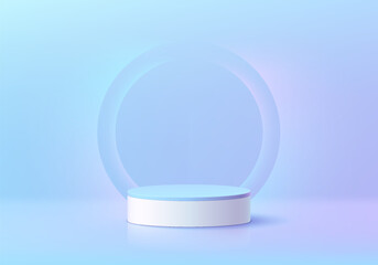 3d room background with blue hologram cylinder pedestal podium or stand product display and glowing light behind semi circles layers. Mockup wall scene or product presentation. Geometric platform.