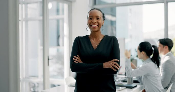 Face, black woman and designer with arms crossed, happy and coworking in startup office. Portrait, confident entrepreneur and professional, creative and funny African employee laughing for business.
