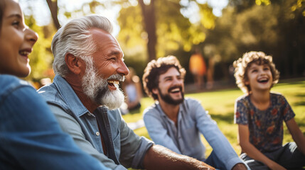 Happy multigenerational people having fun sitting on grass in a public park, Generative AI