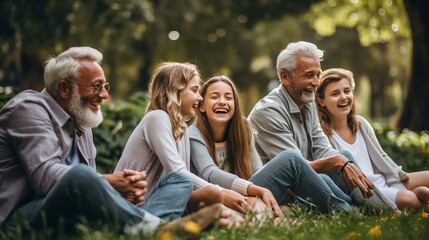 Happy multigenerational people having fun sitting on grass in a public park, Generative AI