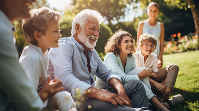 Happy multigenerational people having fun sitting on grass in a public park, Generative AI