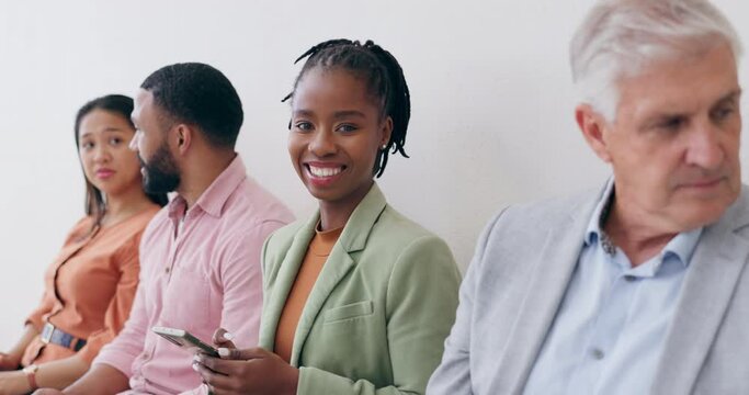 Black woman, business people and smile in waiting room for hiring, interview or recruiting at office. Portrait of happy African female person or employee in diversity or recruitment process in row
