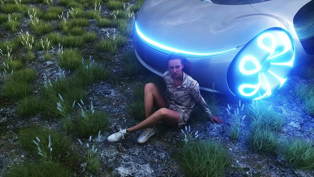 3d girl and futuristic electric car on walley. Future concept. Realistic 4k animation.
