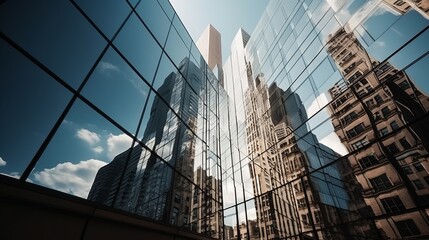 Fototapeta premium worm eye view perspective of modern design office building with reflecting window sky modern financial district area urban city architecture look from below,generative ai