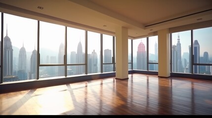 empty space interior background clean clear apartment room with high rise modern building in the background out of window home interior concept,Created with Generative AI Technology.