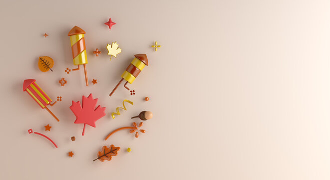 Autumn background with maple leaves, rocket, acorn, copy space text, 3D rendering illustration