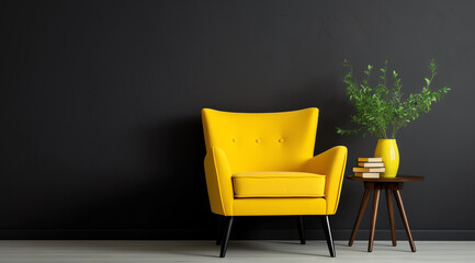 Serenity in Contrast: Yellow Armchair Adds a Pop of Color to a Modern Room with Black Wall and Wooden Floor