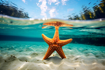 Fototapeta na wymiar Big orange starfish in the sea with tropical beach on background, selective focus. Underwater blue ocean life, ecosystem concept. Generated ai