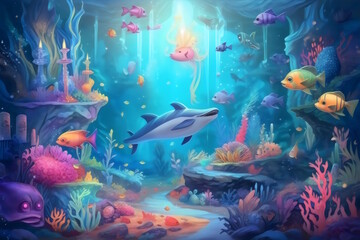 Naklejka na ściany i meble Enchanting Underwater Birthday Celebration, Poster of a Dreamy and Beautiful Background, Featuring Fish, Mermaids, and an Imaginative Underwater World. Generative AI
