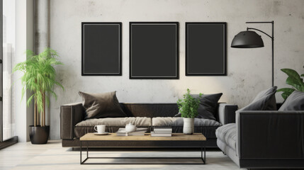 room interior mock up room house beautiful background sofa with blank copy space poster artwork hanging in the backdrop wall home design decoration,generative ai