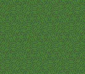 Green Leaves and Flowers Seamless Pattern on  Green Background