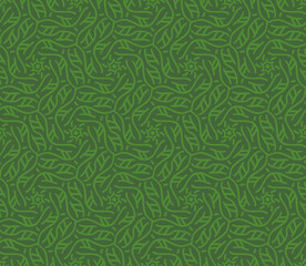 Green Leaves and Flowers Seamless Pattern on  Green Background