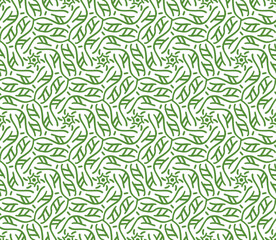 Green Leaves and Flowers Seamless Pattern on White Background