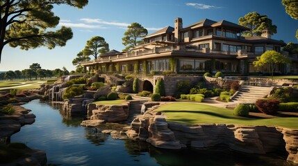 A beautiful facade of a luxurious country club nestled within a lush countryside. Generative AI