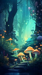 Whimsical illustration of a magical forest with glowing mushrooms and ethereal creatures, created in a digital art style, evoking a sense of fantasy and enchantment. Generative AI