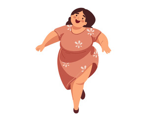 Happy fat woman in dress dancing isolated on white background vector illustration