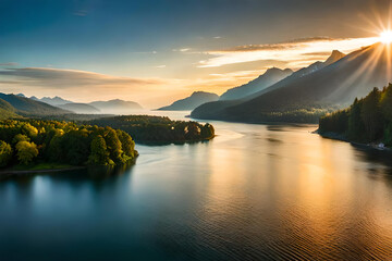 Beautiful Sunny day in wonderment view of highland river with trees under sunlight