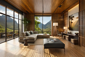 Modern living room with large window overlooking the surrounding nature and mountain