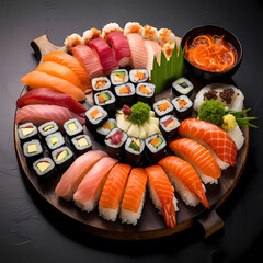 Exquisite sushi platter showcasing a stunning variety of rolls and nigiri. Perfectly arranged for an enticing culinary experience.