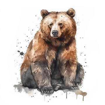 Bear watercolor illustration. Wild forest animal. Portrait. For creating posters, stickers, postcards, prints, sublimations. AI generated