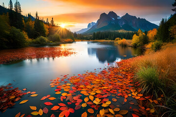 Colorful foliage tree in calm lake water on a beautiful autumn day