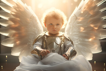 baby angel with glowing wings and armour
