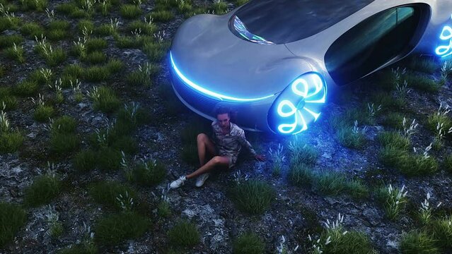 3d girl and futuristic electric car on walley. Future concept. Realistic 4k animation.
