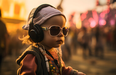 portrait of a baby with headphones at a festival