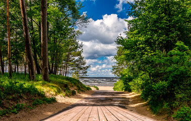 Road among forest leading to a sandy beach of the Baltic Sea 