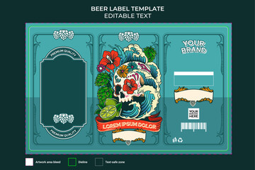 tropical beer label template illustration with mexican skull theme and green hops beer, editable text