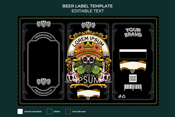 tropical beer label template illustration with mexican skull theme and green hops beer, editable text