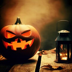 Halloween pumpkin with lantern on wooden