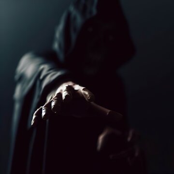 Grim reaper reaching towards the camera over dark background with copy space