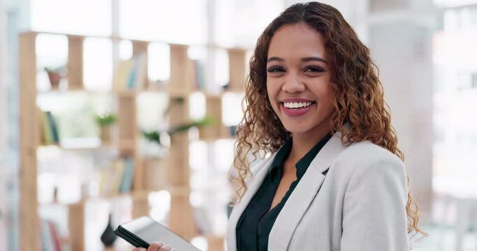 Face, accountant and funny woman with tablet in office, company or corporate workplace. Portrait, auditor and worker with tech, business professional and happy entrepreneur from South Africa laughing