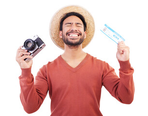 Travel, celebration and man with ticket, camera and or passport on isolated, png and transparent background. Excited, tourism and happy male person with document for adventure, holiday and vacation