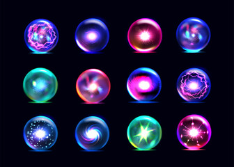 Magic spheres. Crystal prediction ball, colorful orb, fantasy energy effect, circle glass globe, spiritual glow, shine effect. Realistic icons, bright plasma flame, Vector isolated objects