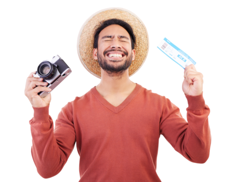 Travel, celebration and man with ticket, camera and or passport on isolated, png and transparent background. Excited, tourism and happy male person with document for adventure, holiday and vacation
