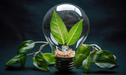 Fototapeta na wymiar A creative lightbulb design made from sustainable fresh leaves promotes eco-friendliness. Creating using generative AI tools