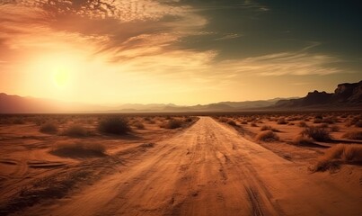 Fototapeta na wymiar Majestic sunset illuminates the desert landscape with an endless road ahead. Creating using generative AI tools