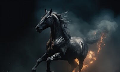 Obraz na płótnie Canvas The intense flames envelop a majestic horse against a dark background. Creating using generative AI tools
