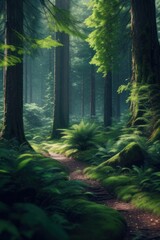 Rich forest background created with, fullness of green plants, fresh air. AI.Generative AI