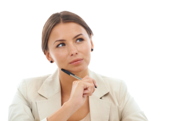 Woman, thinking of ideas and inspiration for writing, decision and choice isolated on transparent png background. Business mindset, future and brainstorming, female professional planning and vision