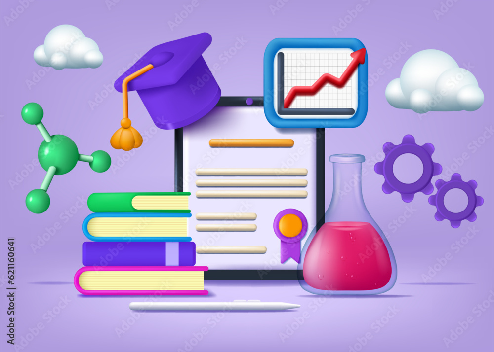 Aufkleber 3d school. digital education. college and university lessons. online learning platform in tablet or 