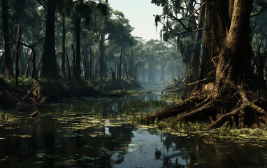 Reflection of trees in a swamp. Generative AI technology.