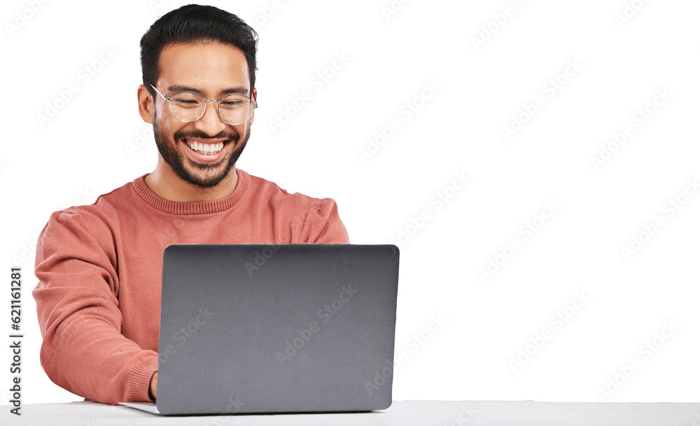 Poster Man, laptop and worker smile with business work and typing email isolated on a transparent, png background. Computer, working and pc research with web project and digital data analysis with internet