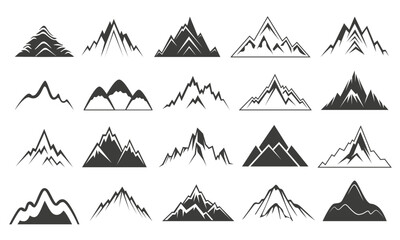 Mountain logo. Minimal icons. Logotype silhouettes, top snow landscape, range and shape ice symbols of winter. Extreme hike and summit climbing. Outline rock, cliff and peak. Vector design