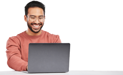 Man, laptop and worker smile with business work and typing email isolated on a transparent, png background. Computer, working and pc research with web project and digital data analysis with internet