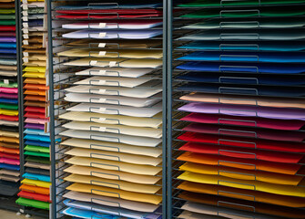 Stand with various color paper on shelves, for art, design, watercolor painting and pastel drawing, in stationery shop.