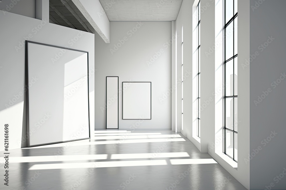 Poster n empty room with two doors and three windows. generative ai